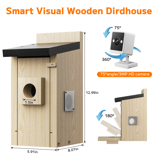 Campark BH10 3MP Smart Wooden Bird House with Camera Two-way Audio Night Vision and Waterproof (Only available in the US)