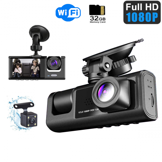 3-Channel Dash Cam For Cars Front & Inside & Rear Recording, 1080P HD  Loop Recording, Car DVR Black- Box With 2 Inch IPS Screen, Car Accessories