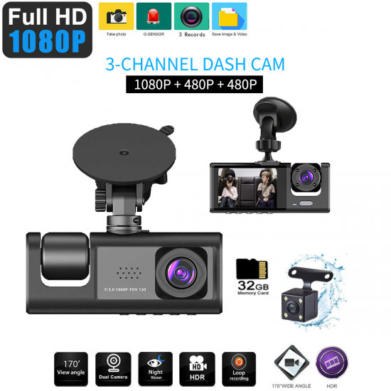 3-Channel Dash Cam For Cars Front & Inside & Rear Recording, 1080P HD  Loop Recording, Car DVR Black- Box With 2 Inch IPS Screen, Car Accessories