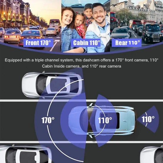 Full HD 1080P Dash Cam with Wi-Fi and 3 Lens 170° Wide Angle Night Vision and Loop Recording 32G TF Card Included