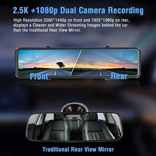 Campark R12 2.5K Mirror Dash Cam for Cars 12 inch GPS Voice Control Rear View Dual Lens Dash Camera   